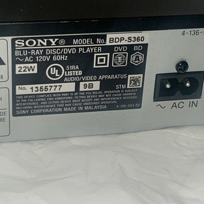 Sony BDP-S360 Blu-Ray DVD Player w/Remote, HDMI Cable Power Cord TESTED